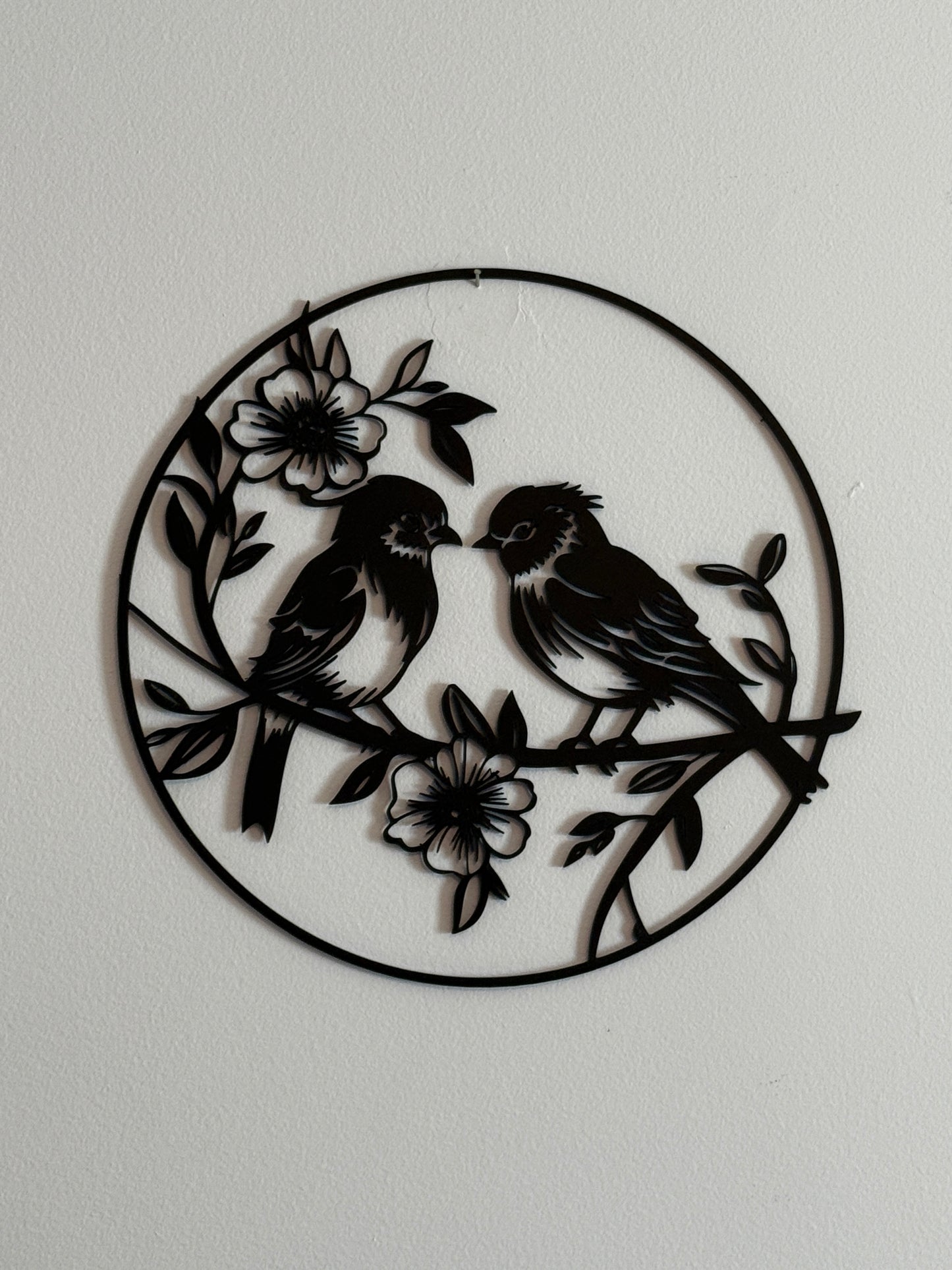 2D Birds With Flowers Wall Art featuring birds perched among floral branches in a detailed black silhouette design for home décor.
