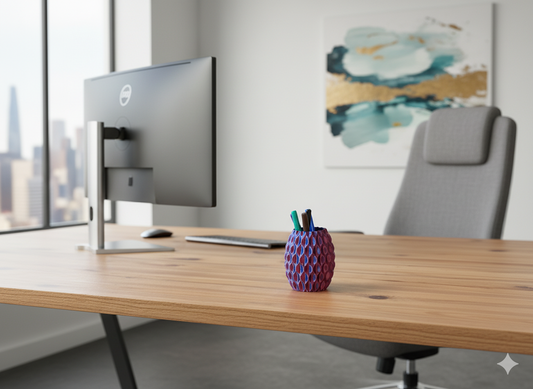 Sculptural Wavy pen holder holding pens as a decorative workspace accent.