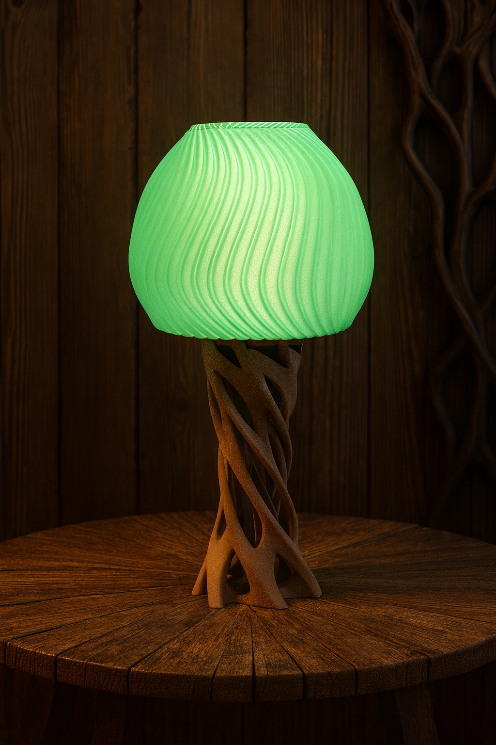 Enoki lamp with an organic mushroom-inspired sculptural design casting a soft ambient glow.