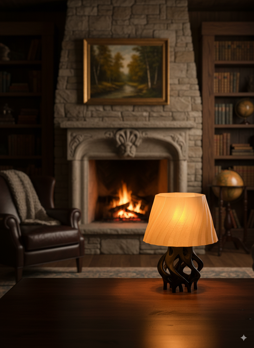 Root table lamp used as accent lighting in cozy living room setting