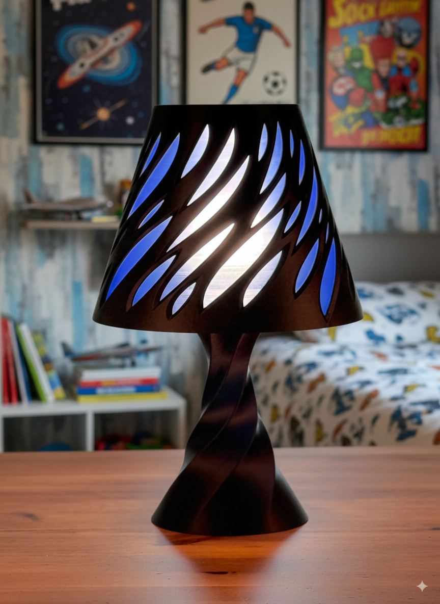 Modern Tall Spectra Lamp with dramatic blue glow and organic cutout pattern