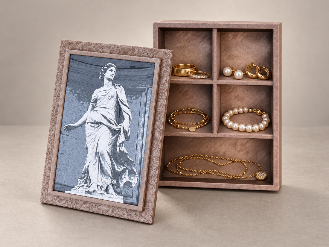 Allure Jewelry Box with dimensional classical figure lid and divided storage compartments