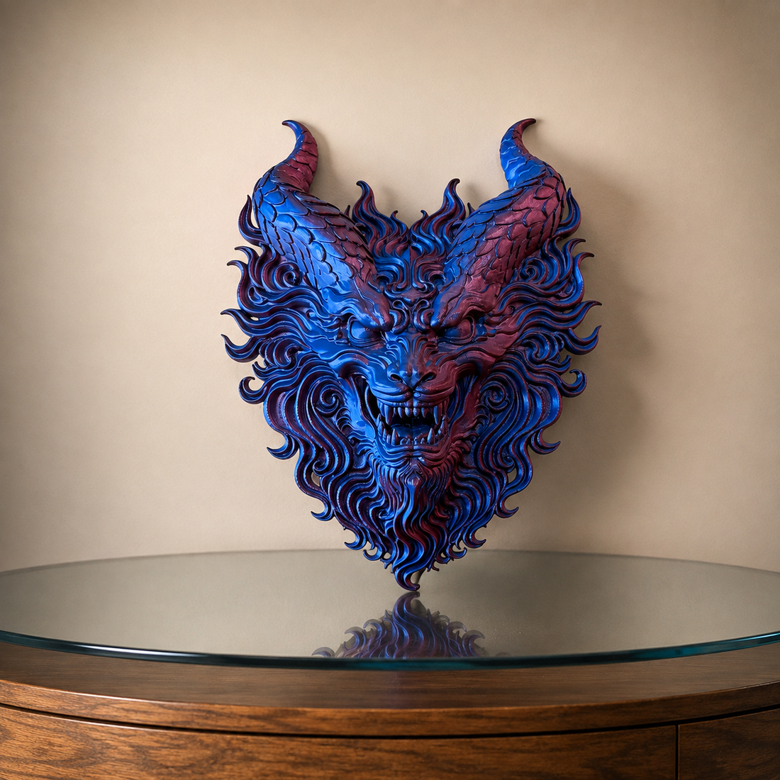 Fire Dragon 3D printed wall art used as a sculptural focal point in a gallery wall
