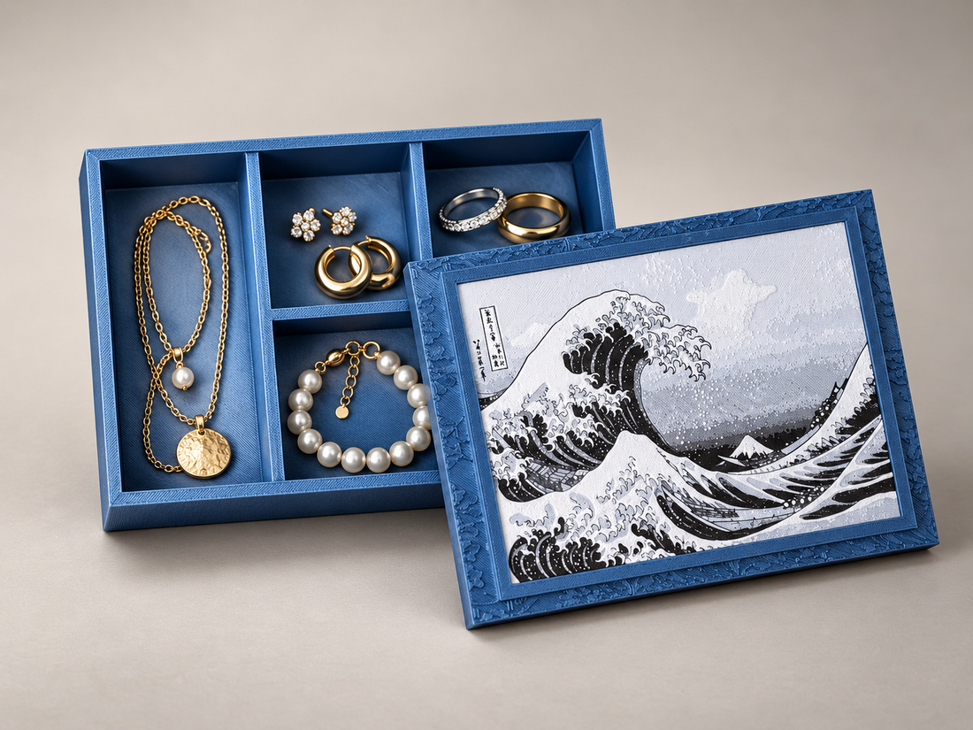 The Great Wave Jewelry Box with dimensional wave artwork and divided storage compartments