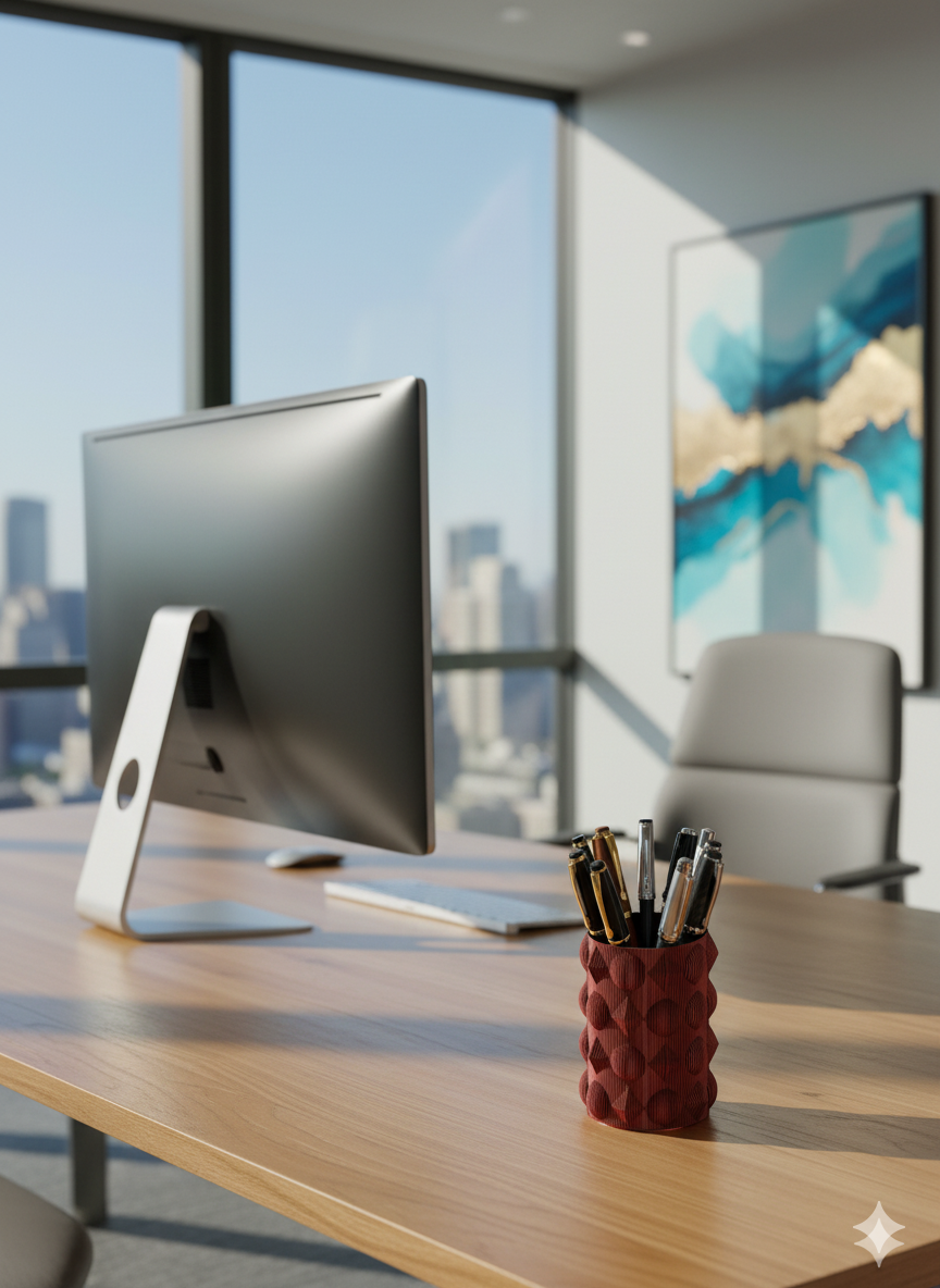 Orbicube 3D printed penholder displayed on a modern office desk