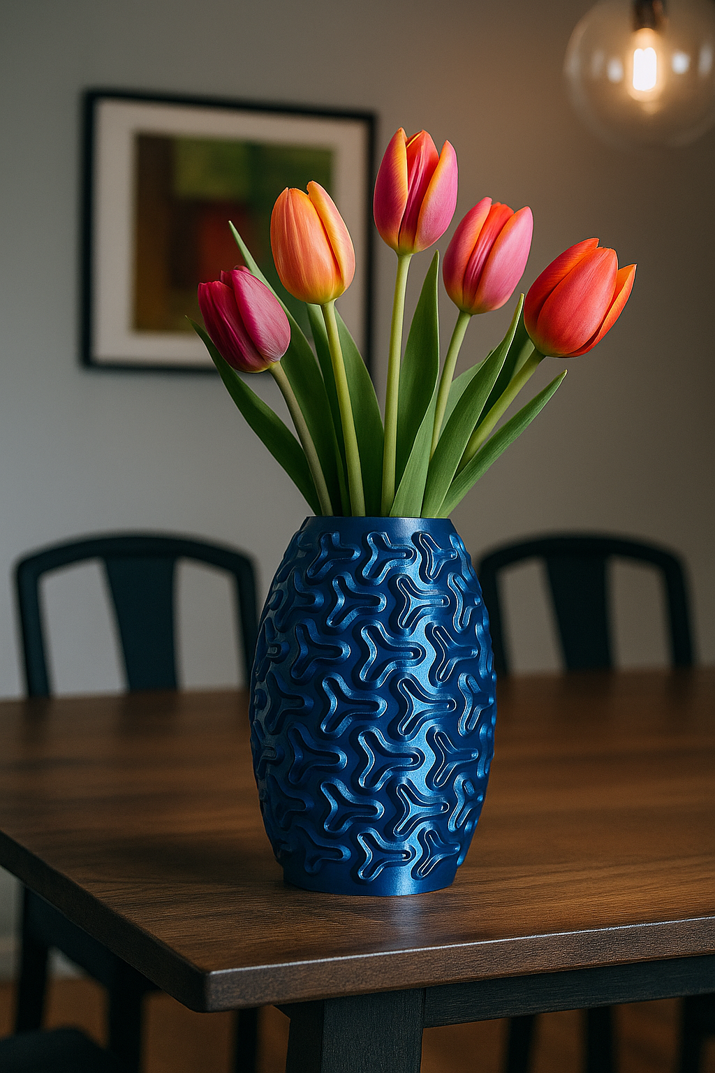 Tryfoil flower vase with a modern geometric design displayed as a decorative centerpiece.