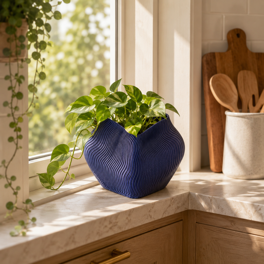 Heart Plant Pot displayed on a windowsill with a green houseplant.