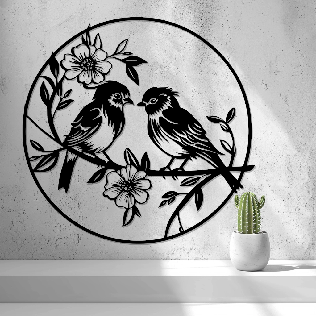 2D Birds With Flowers Wall Art displayed above a modern vase with greenery, featuring a black silhouette design of birds and blossoms.