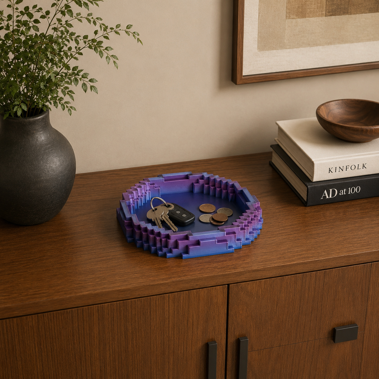 Blocks Tray displayed on a console table holding everyday essentials and décor.