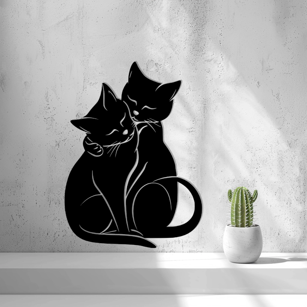 2D Loving Cats wall art in black silhouette with minimalist modern design