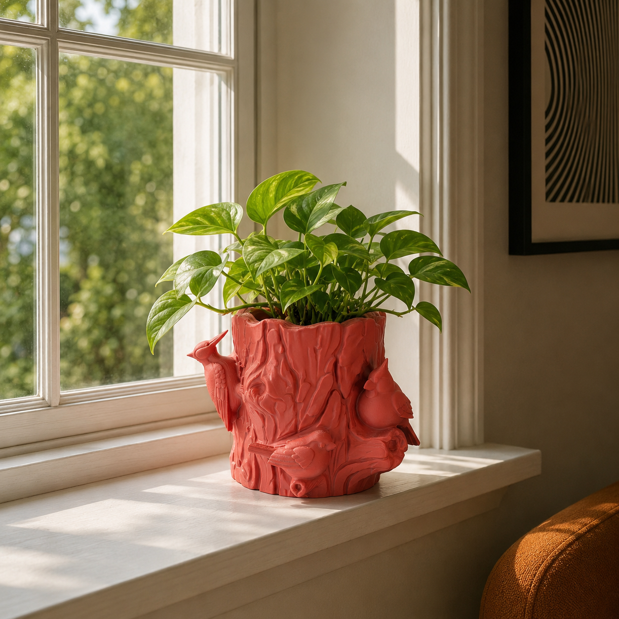 Feathered Forest Log Planter displayed on a windowsill with a live plant, bringing nature inspired charm to home décor.