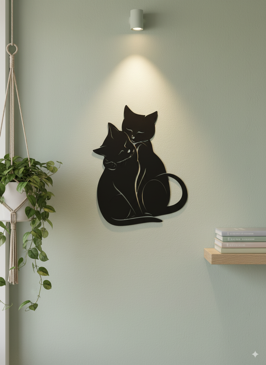 Black loving cats silhouette wall art displayed in a modern interior setting