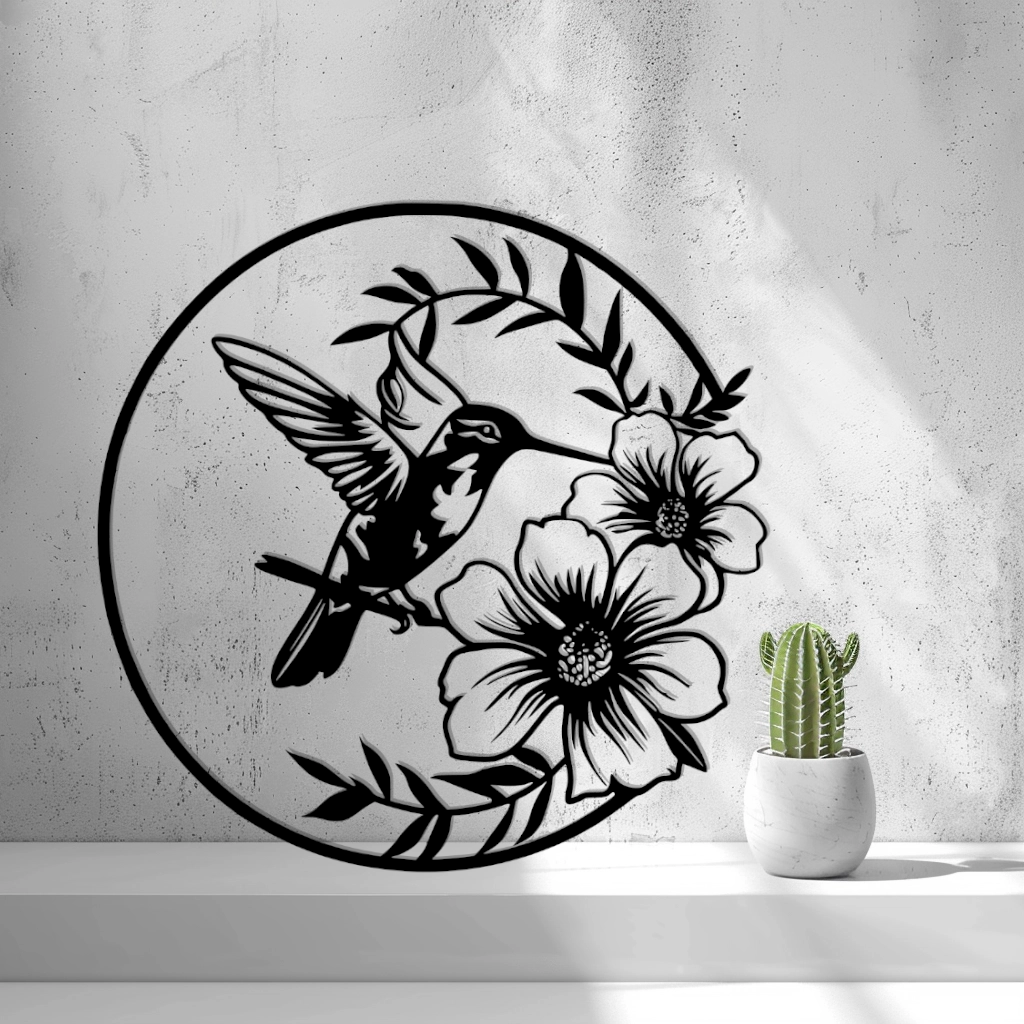 2D Hummingbird with Flowers Wall Art