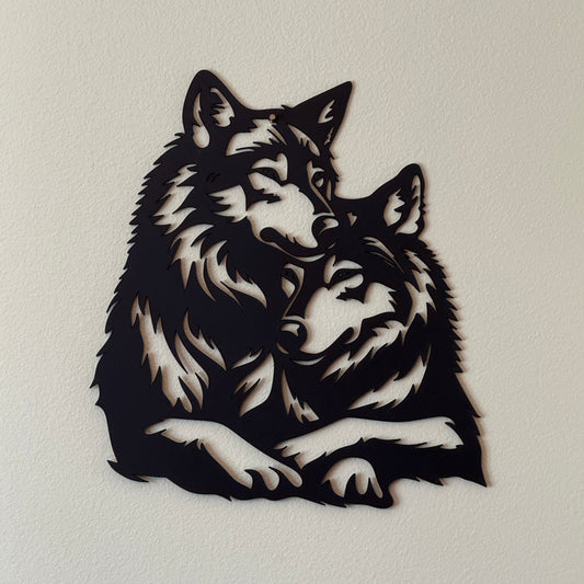 Modern 2D wolf couple wall décor showcasing a romantic wildlife silhouette for contemporary interiors.