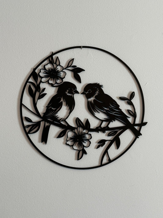 2D Birds With Flowers Wall Art featuring birds perched among floral branches in a detailed black silhouette design for home décor.