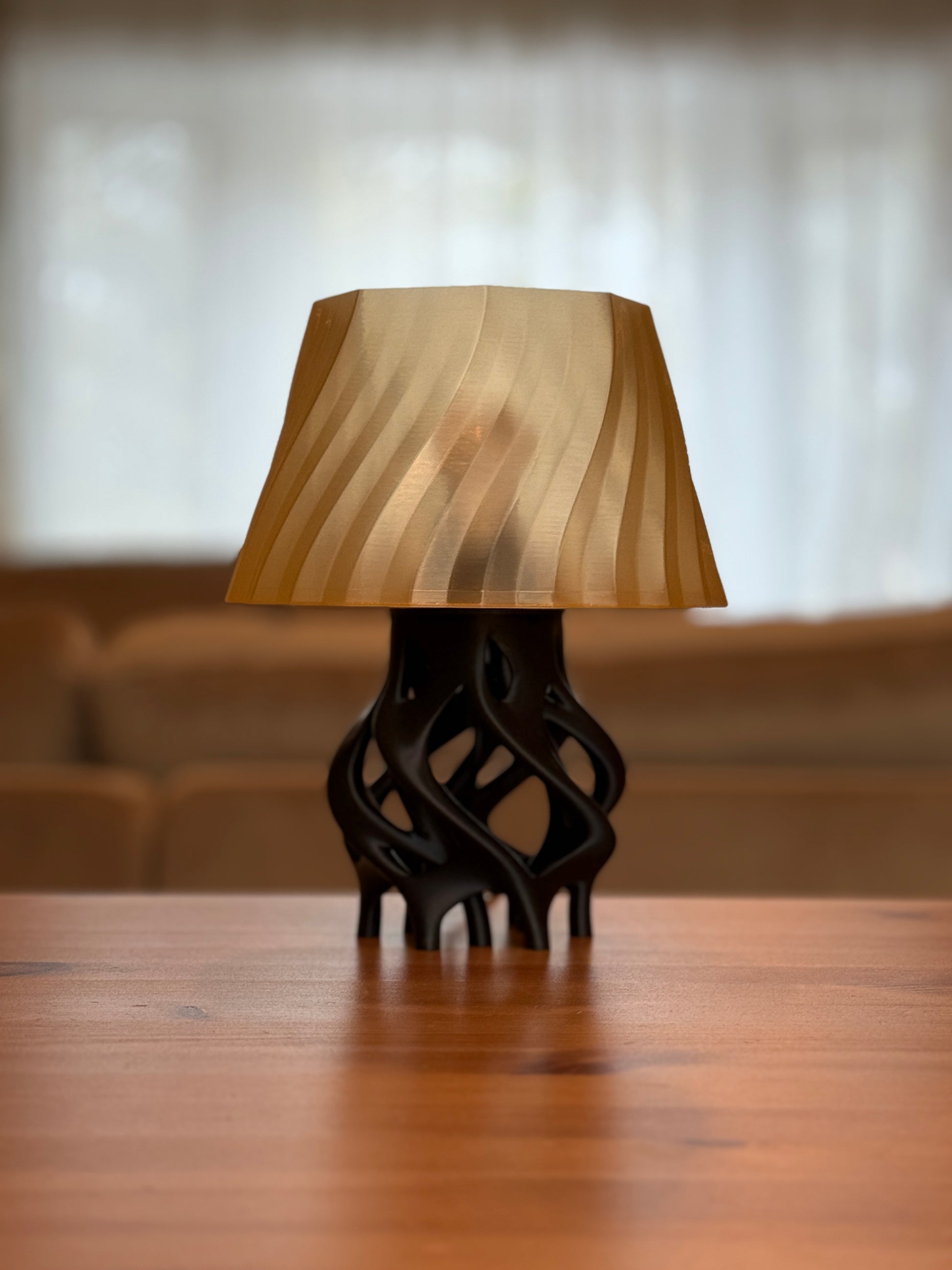 Root table lamp illuminated on wooden surface with natural ambient light