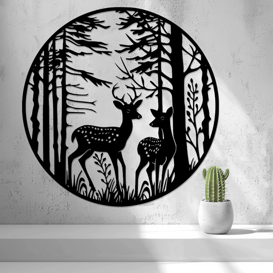 2D deer forest wall art showing a deer silhouette framed by layered trees in a minimalist nature scene.