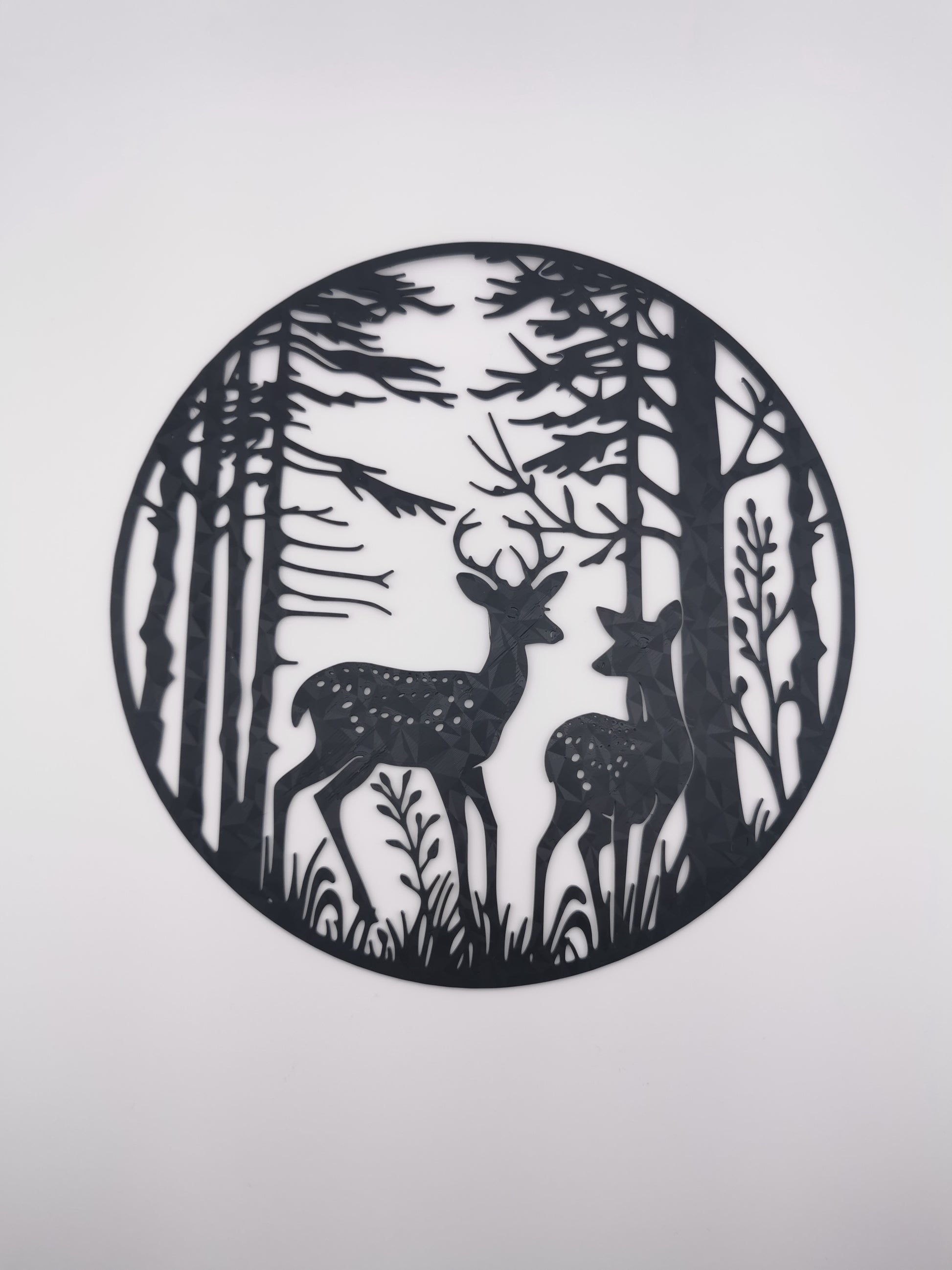 Modern 2D deer forest artwork with clean lines and a calm woodland composition inspired by nature.