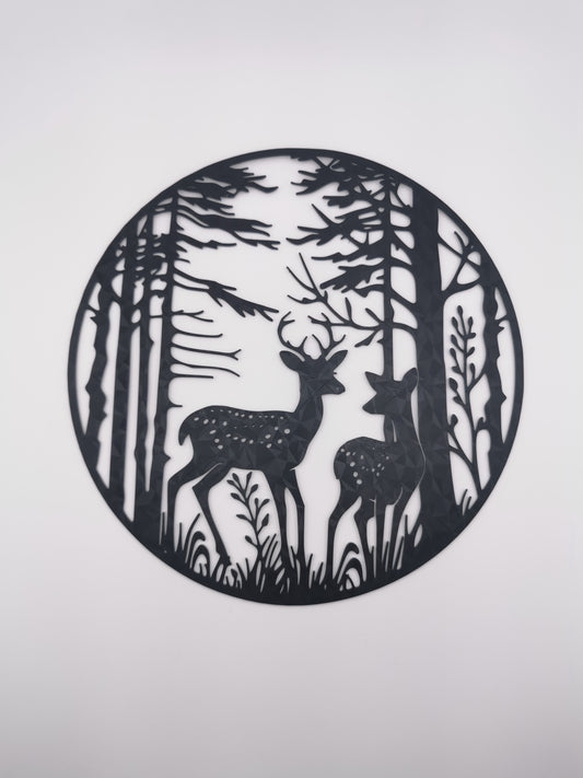 Modern 2D deer forest artwork with clean lines and a calm woodland composition inspired by nature.