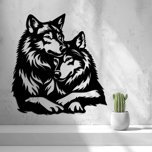 2D wolf couple wall art featuring two wolves in a modern minimalist design symbolizing love and connection.