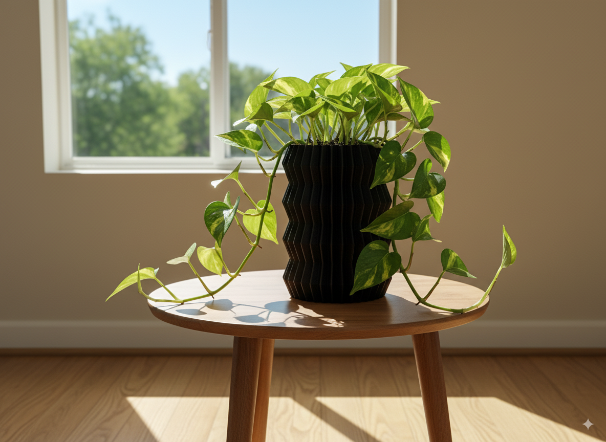 Modern Aletas decorative planter styled with a houseplant in a minimalist setting.