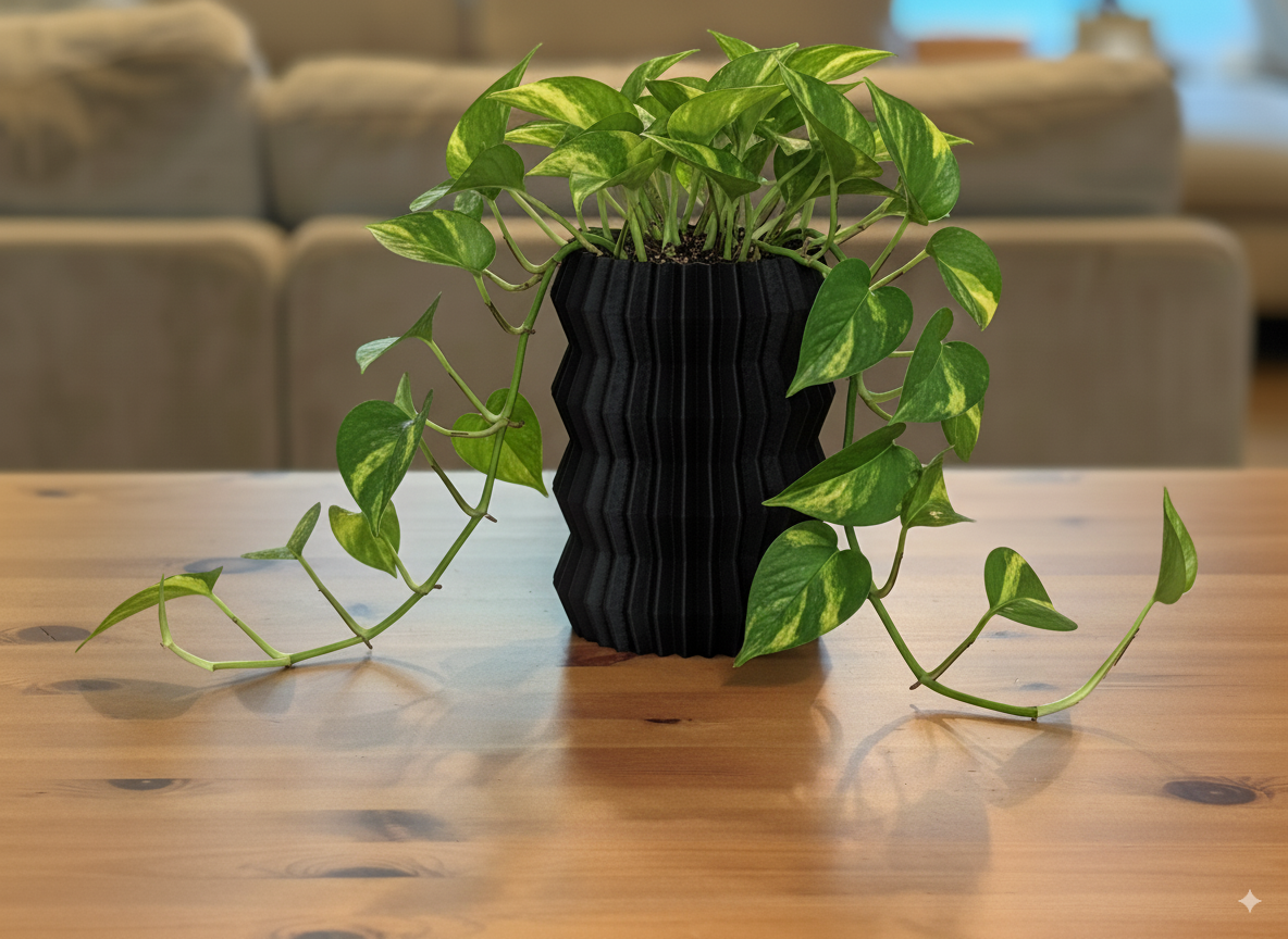 Close-up view of the textured details on the Aletas sculptural planter.