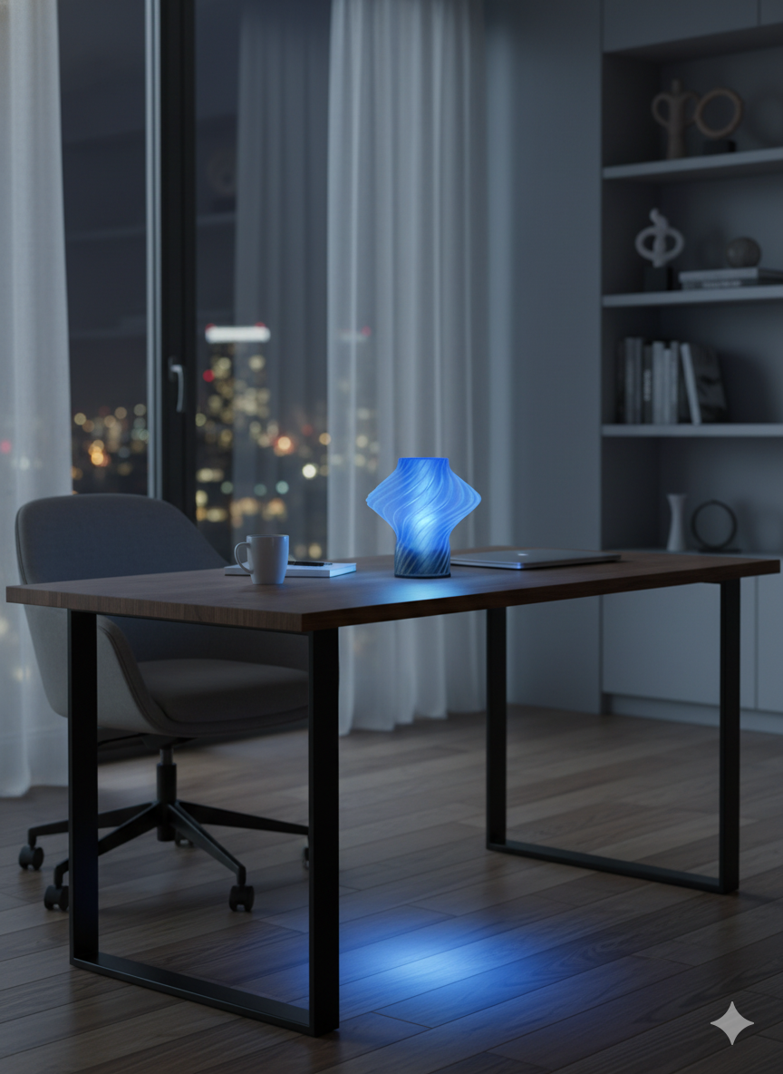 Modern Carla Table Lamp glowing blue on a side table, creating warm ambient lighting in a stylish interior.