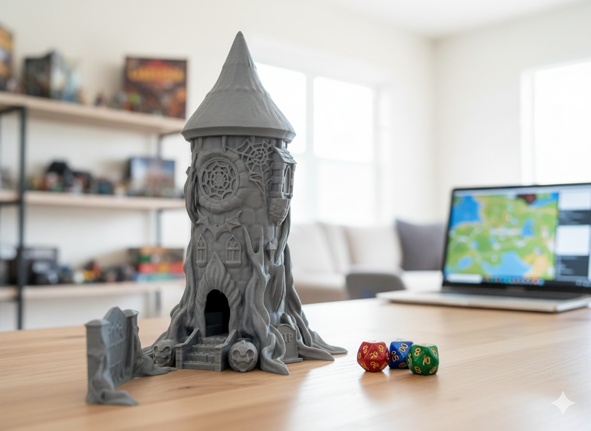 Halloween Dice Tower displayed as a festive tabletop gaming accessory
