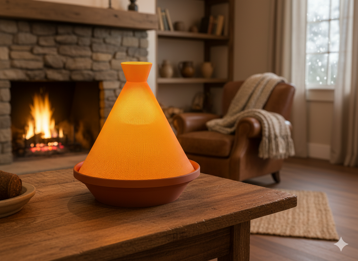 Warm glowing Nour Tajine Lamp inspired by traditional tajine forms