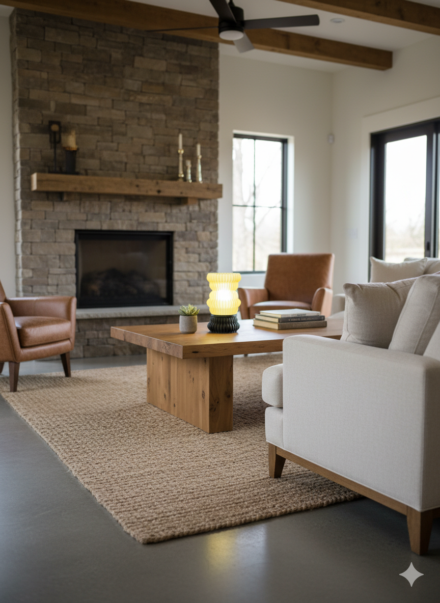 Wood-inspired Leña Lamp adding warm lighting to a contemporary space