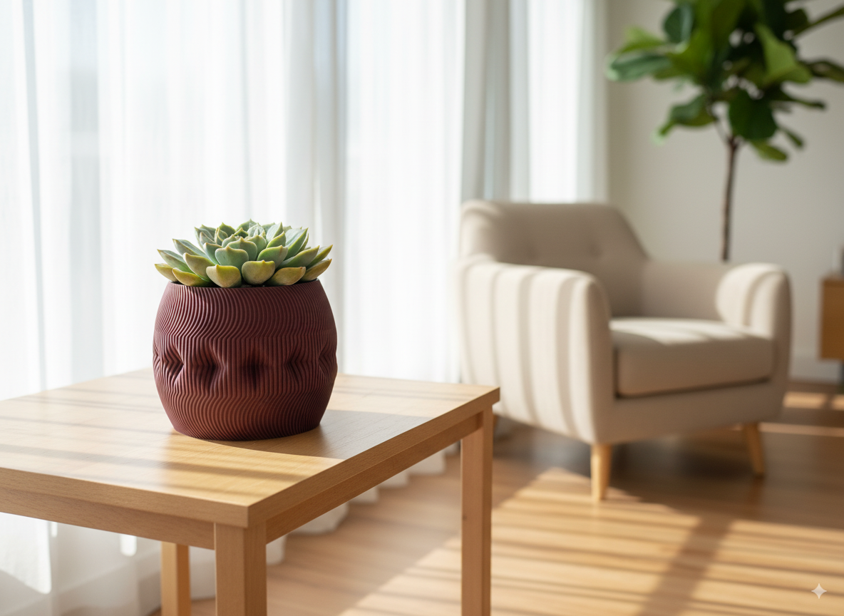 Modern Firkle decorative planter styled with a houseplant in a minimalist interior.