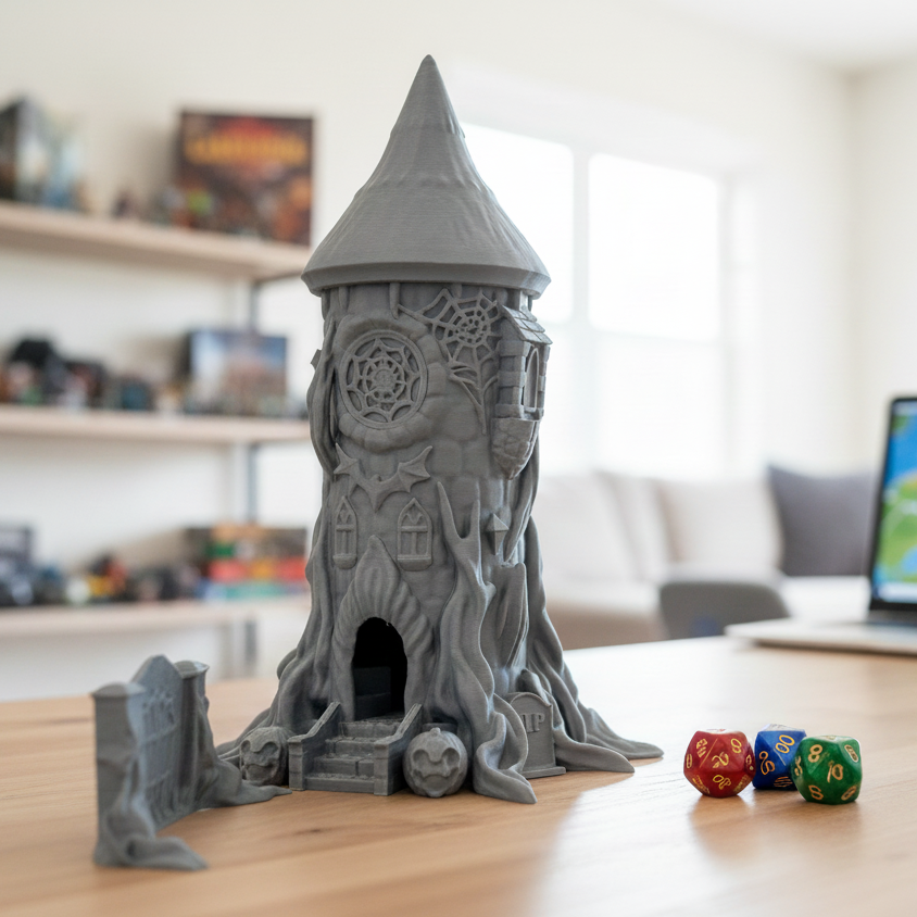 Halloween Dice Tower with spooky themed design for tabletop gaming