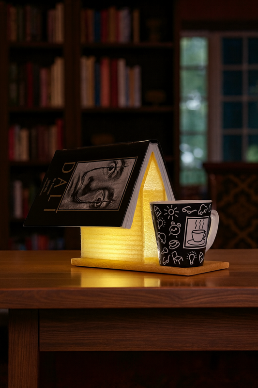 House of Books Lamp with stacked book design glowing with warm ambient light