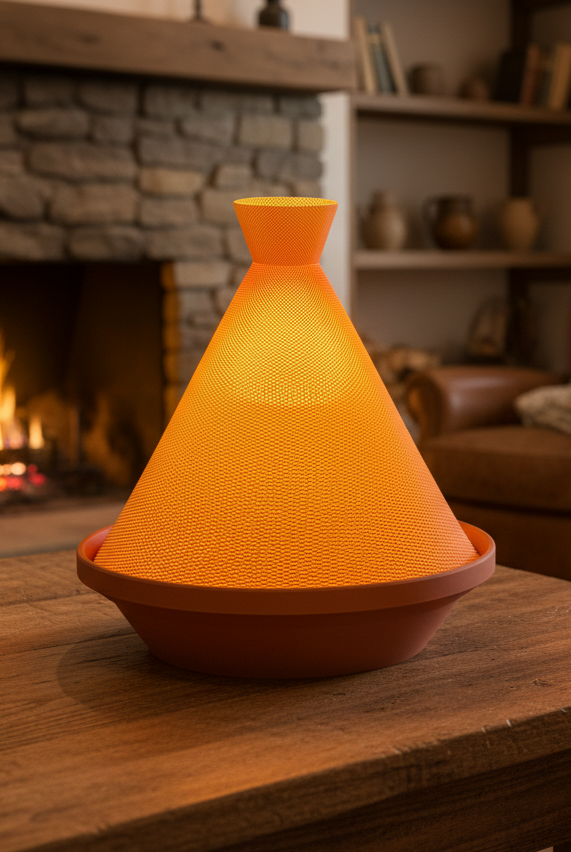 Nour Tajine Lamp casting warm ambient light on a modern table