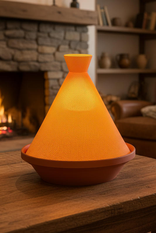 Nour Tajine Lamp casting warm ambient light on a modern table