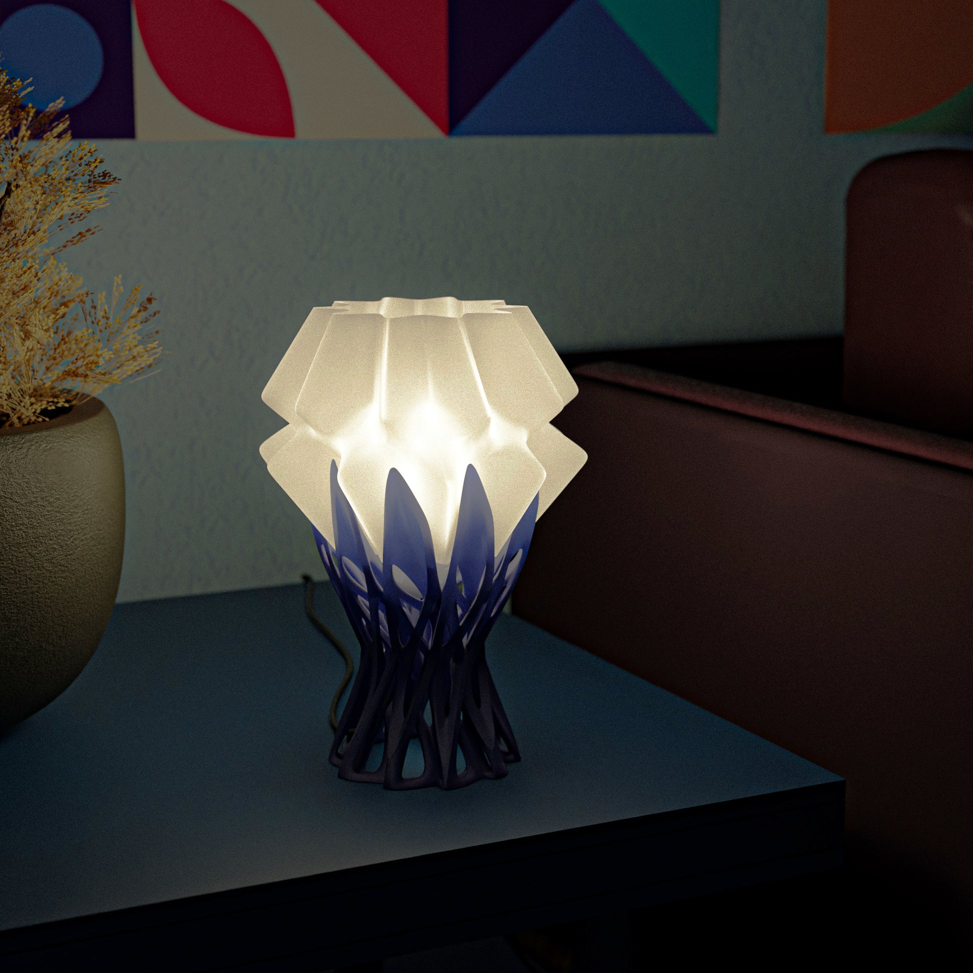 Nox table lamp glowing softly in low-light room for moody ambiance