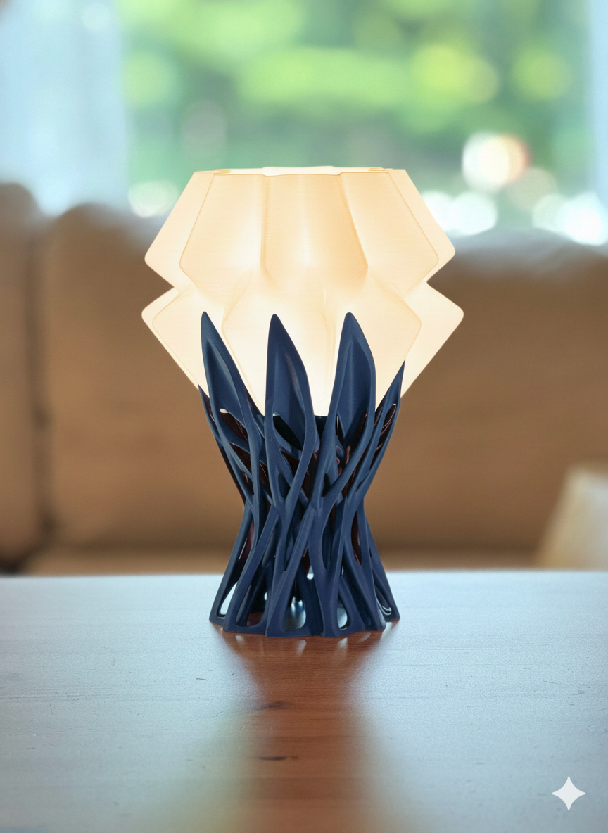 Nox table lamp with sculptural base and warm glowing shade on wooden table