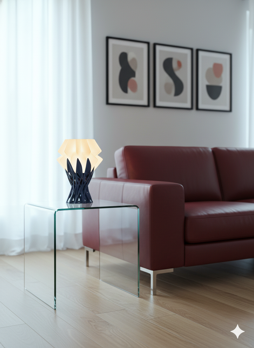 Modern Nox table lamp with sculptural design placed beside sofa