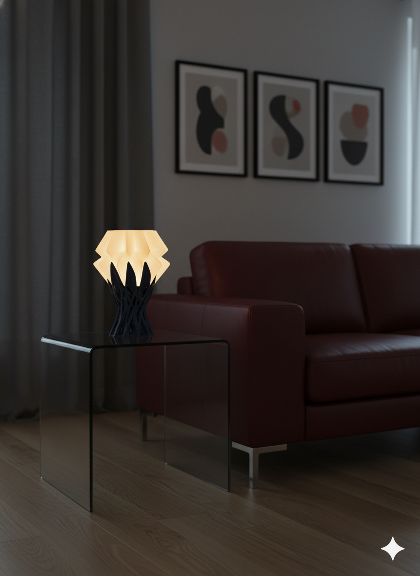 Nox table lamp casting dramatic ambient light in a cozy interior setting