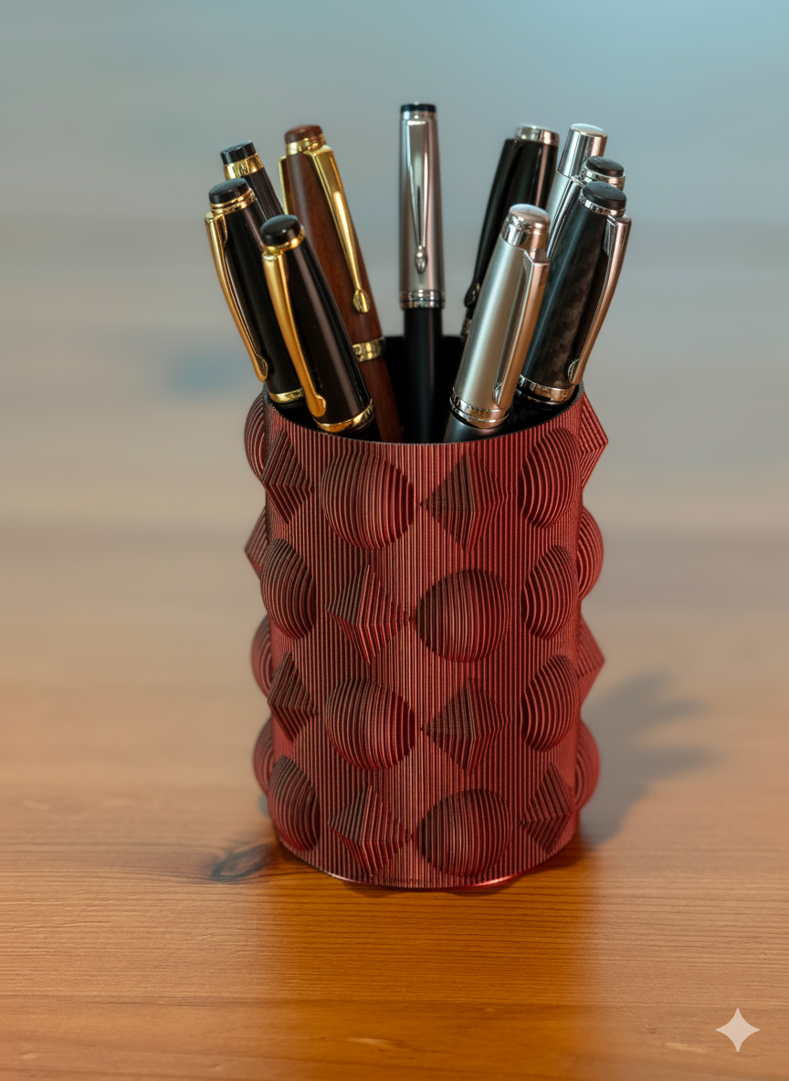 Orbicube penholder with geometric design organizing pens on a desk