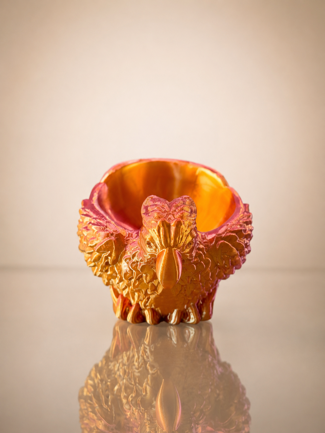 Parrot Bowl viewed from above, highlighting the spacious storage area and intricate tropical bird details.