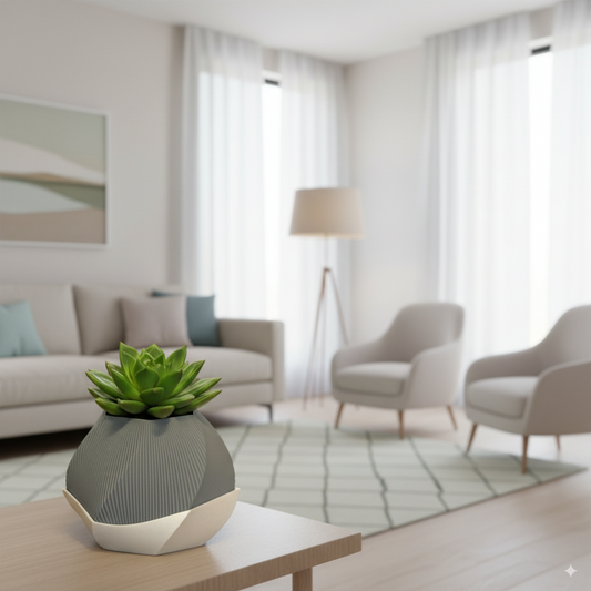 Sofia planter and matching saucer styled in a minimalist interior setting.