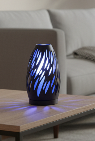 Sculptural Spectra lamp creating dramatic ambient glow in home décor