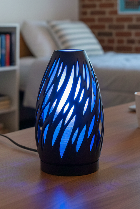 Spectra lamp glowing with blue inner light and sculptural cutout design
