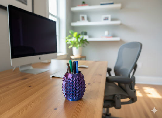 Sculptural Spike pen holder holding pens on a minimalist desk.