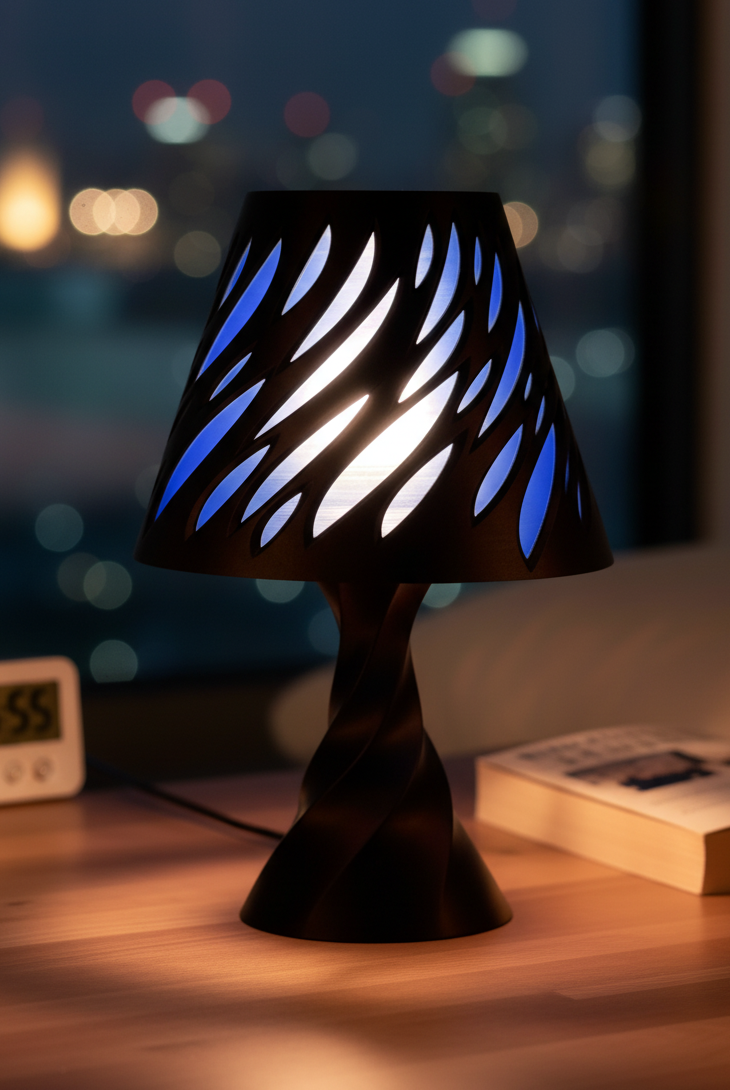 Tall Spectra Lamp glowing with blue inner light and sculptural cutout design