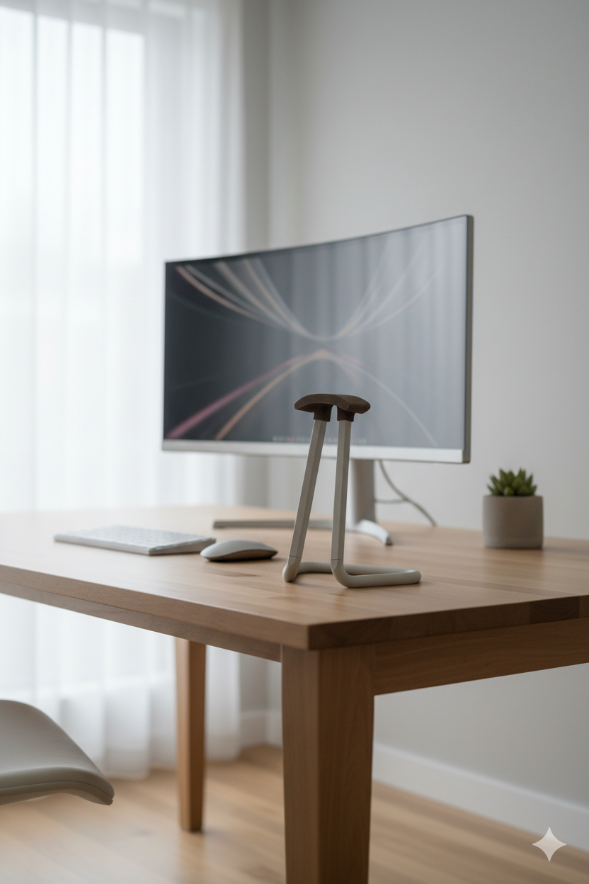 Tempo Headphone Stand featured in a clean modern workspace with headphones.