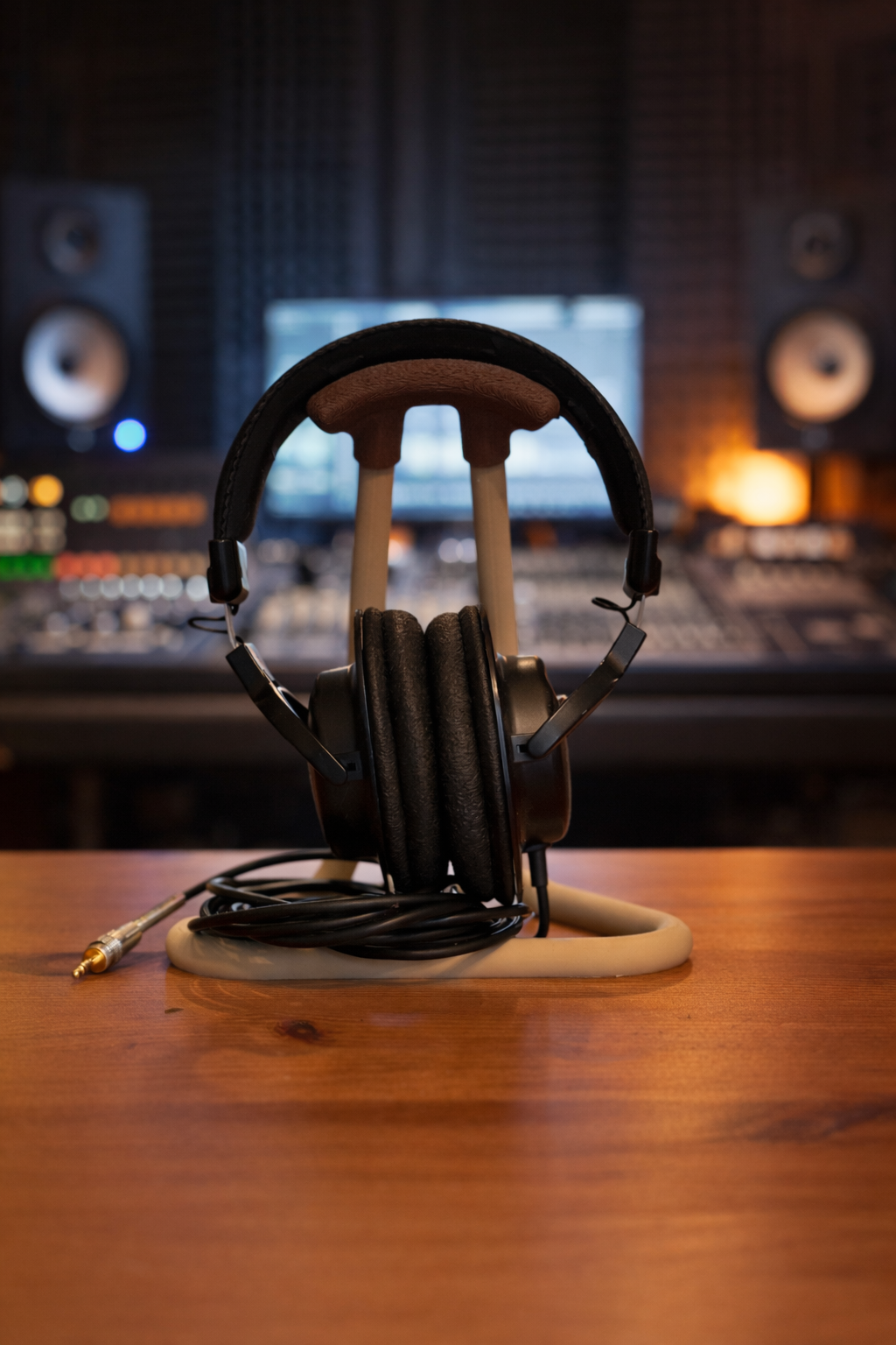 Tempo Headphone Stand displayed in a modern gaming and workstation environment.