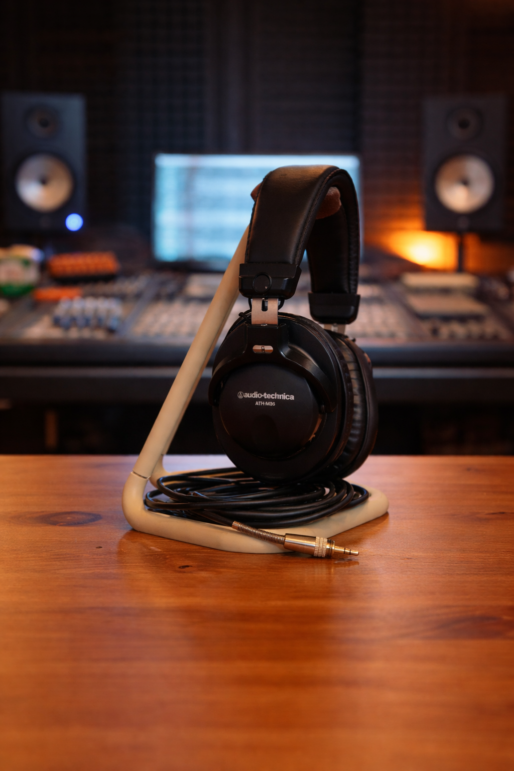 Black Tempo Headphone Stand beside a monitor in a contemporary desk setup.