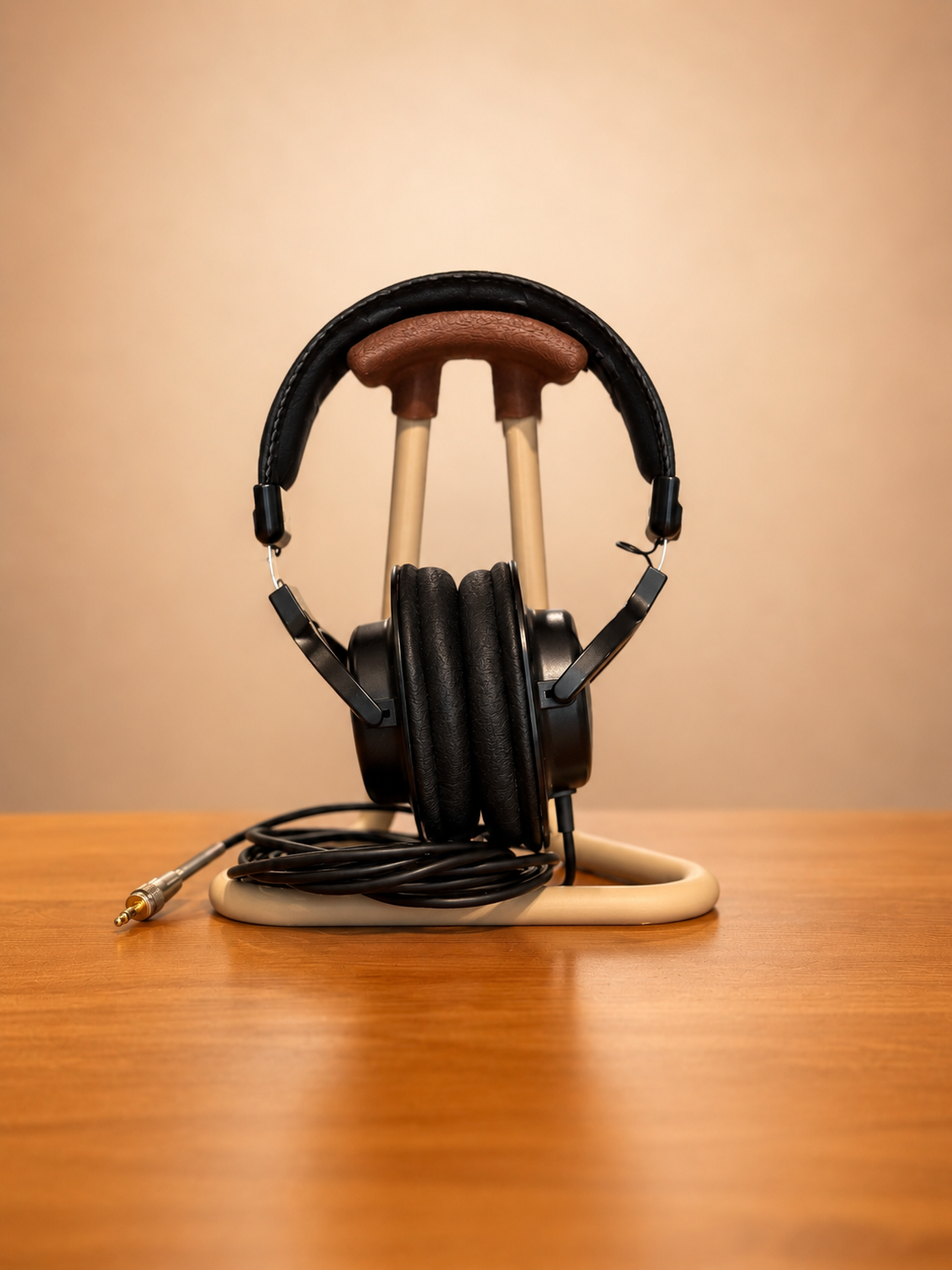 Tempo Headphone Stand displaying over ear headphones on a desktop setup.